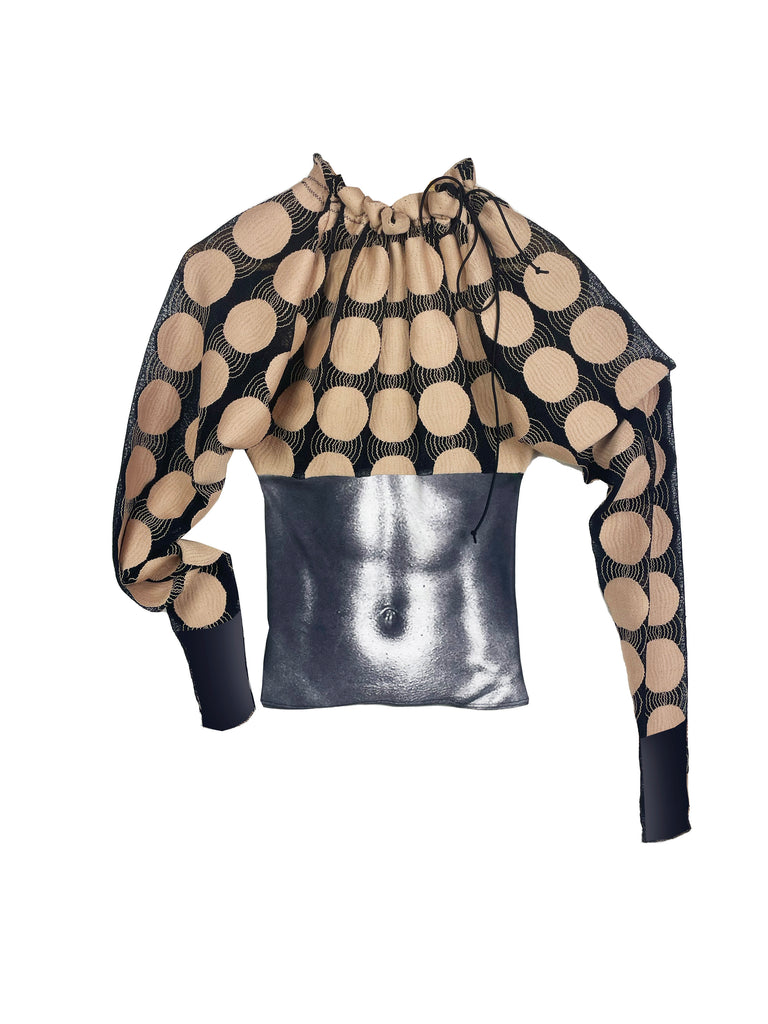 sheer stretch long sleeve black top with beige polka dot pattern, grey digital print muscle abs and adjustable drawstring neck on a plain background