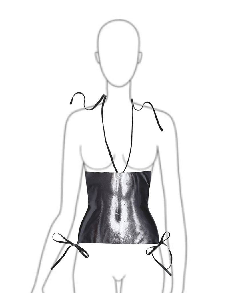Mannequin wearing a metallic silver halter tube top on a white background