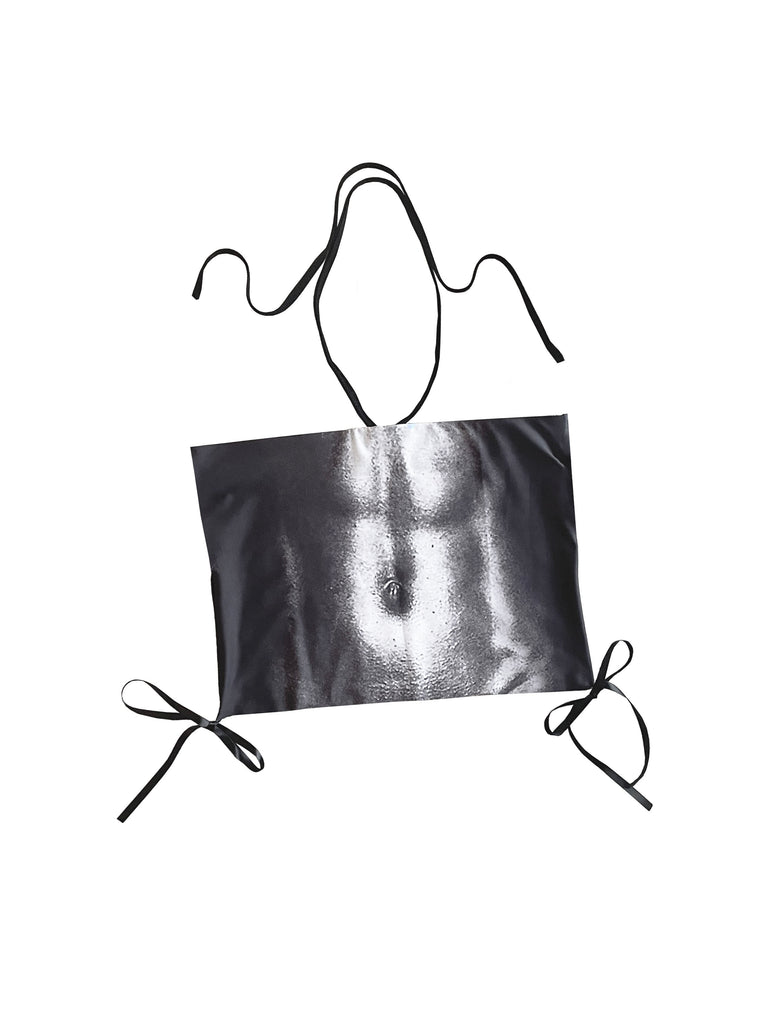 black and white top depicting human belly stomach skin area with black straps on a white background