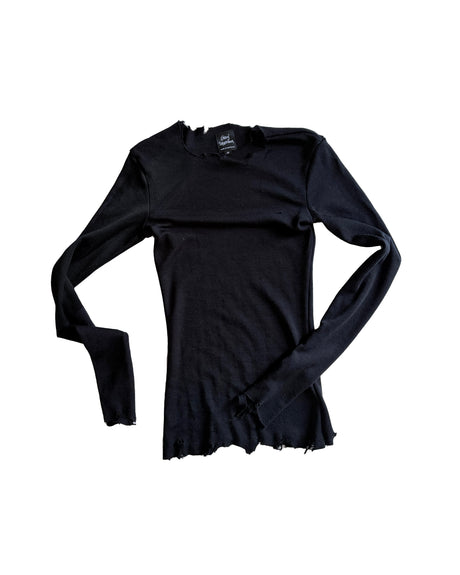 Black long-sleeve wool top on a white background