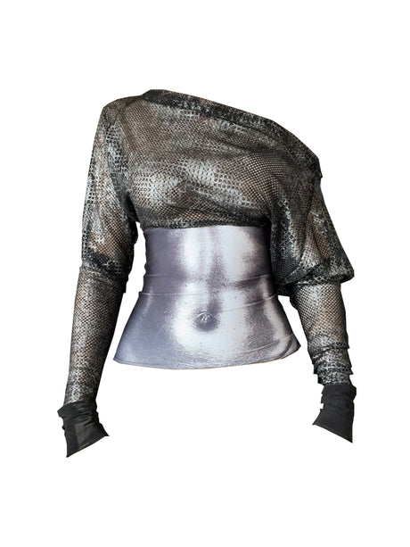 Metallic silver long-sleeve top with sheer mesh top section and print of body stomach abs, on a white background