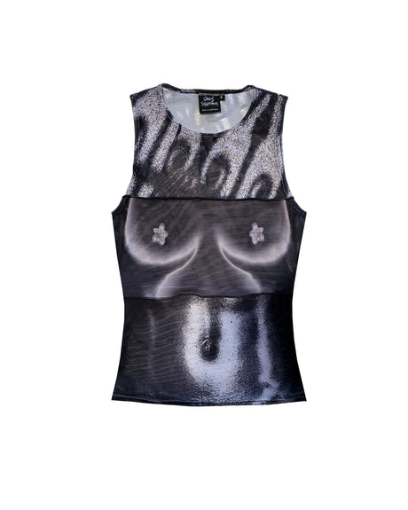 A sleeveless tank top featuring a graphic print of a female torso with a metallic, reflective finish. 