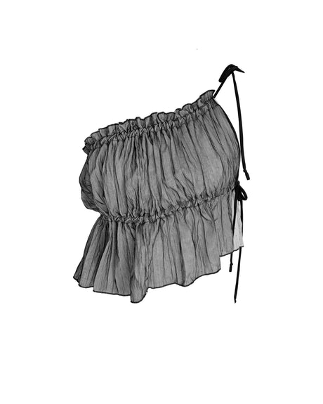 Gray ruffled top with thin straps on a white background