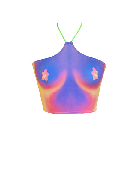 Colorful halter top with floral designs on a white background
