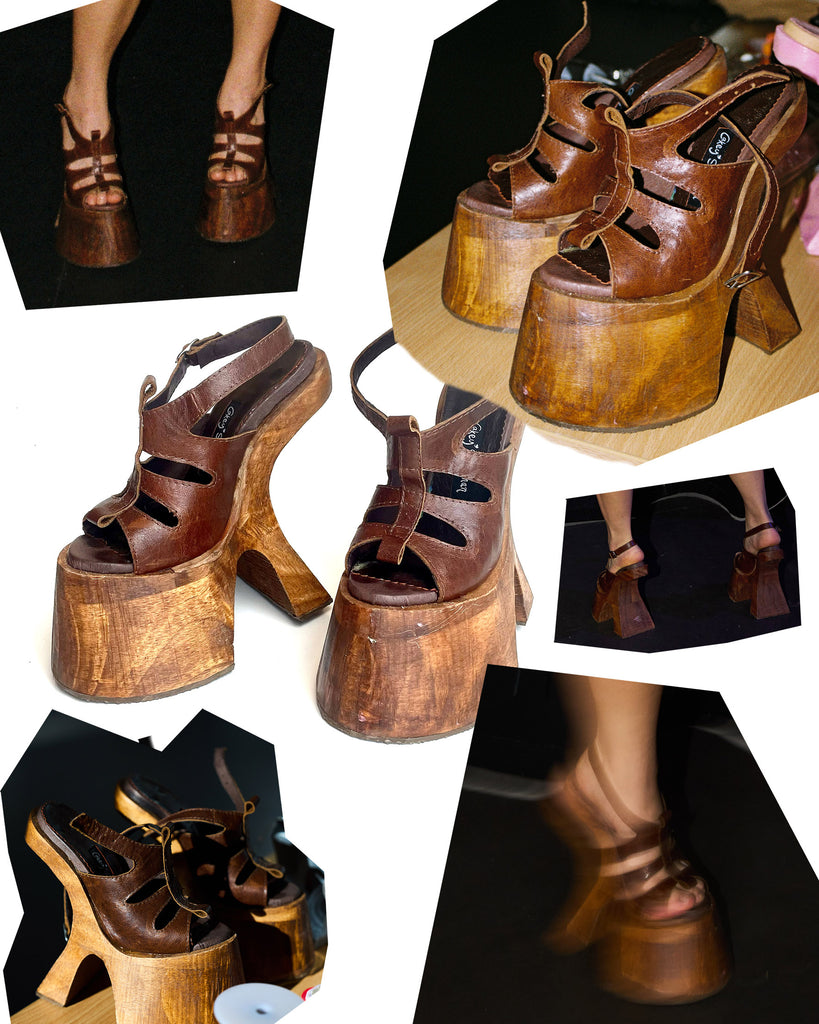 Collage of brown wooden platform shoes with cut-out design.