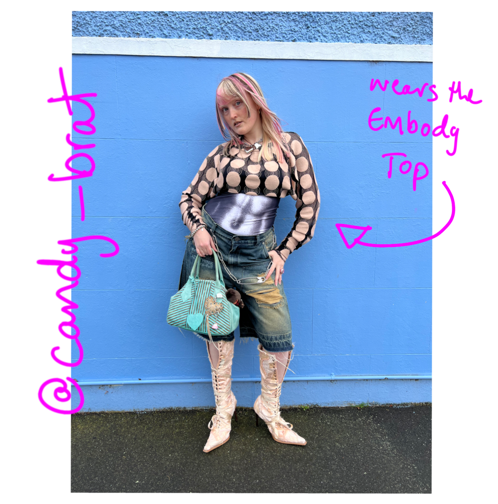 Person wearing a sheer top with polka dots, denim shorts, and white boots against a blue wall, with handwritten pink text that reads "@candy_brat" and "wears the embody top"