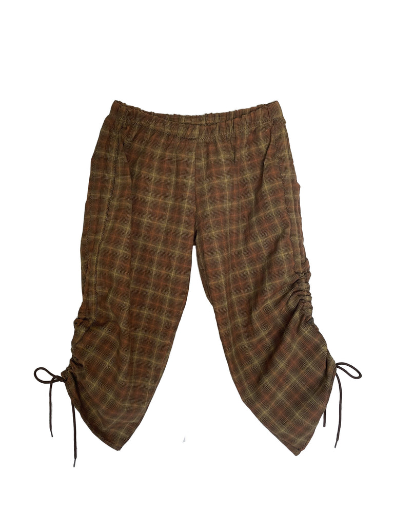 brown plaid pants with drawstrings on side of legs, on a white background