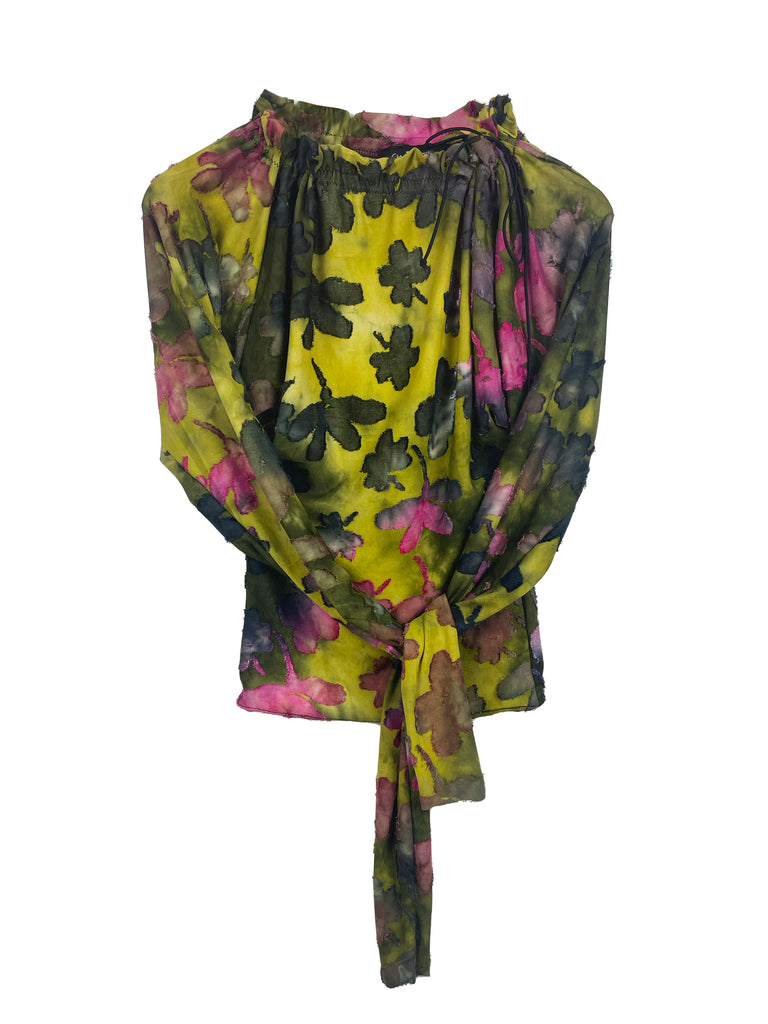 olourful green and pink floral tie dye patterned stretch long sleeve, adjustable drawstring neck top on a plain background