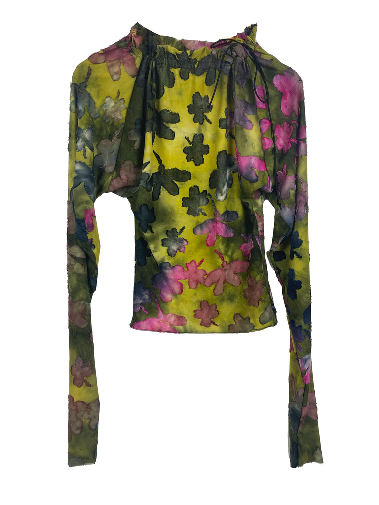 colourful green and pink floral tie dye patterned stretch long sleeve, adjustable drawstring neck top on a plain background