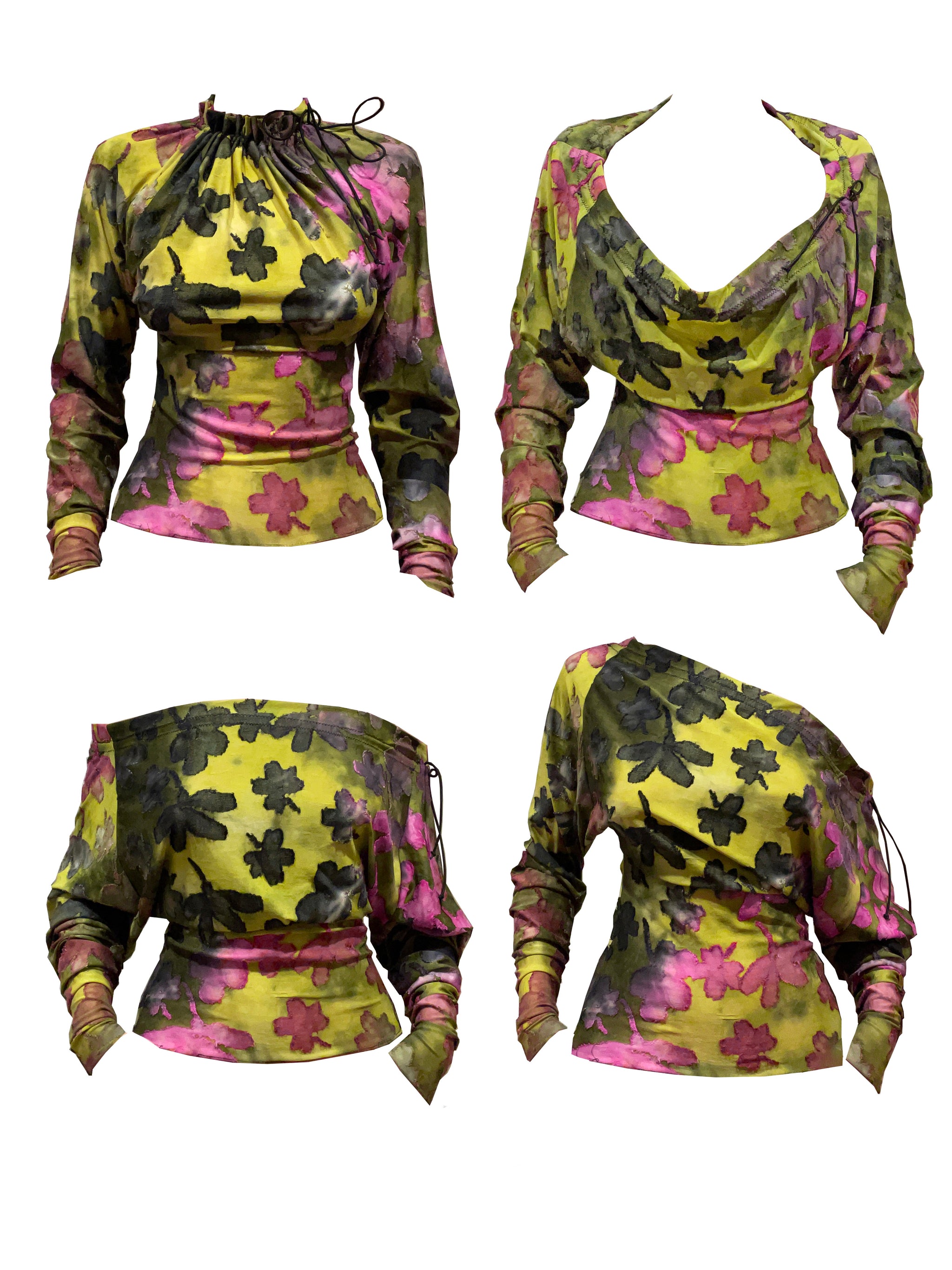 Garden Drawstring Top | Slouch Floral Adjustable Long Sleeve | XS 
