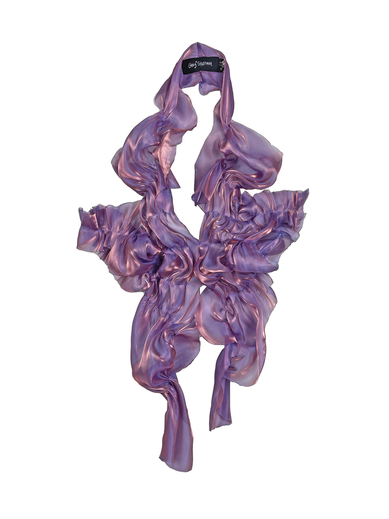 purple ruffled iridescent organza halter neck top on white background