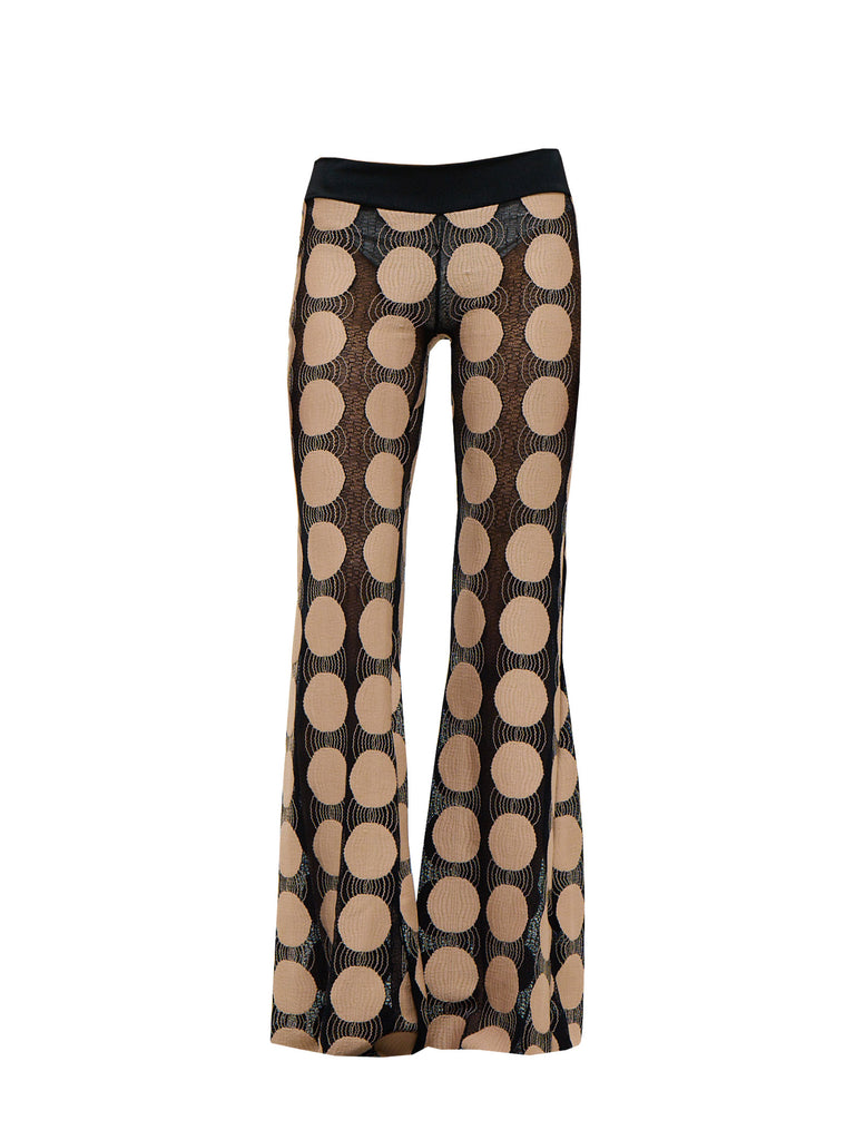 black pants with large beige circle patterns, and a black waistband on a white background