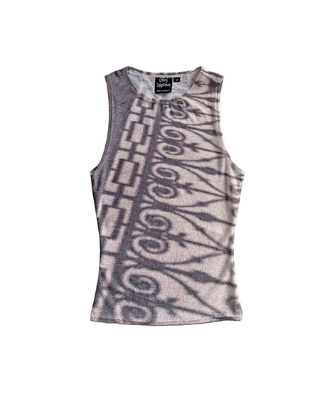 Sleeveless mesh tank top with grey shadow geometric and heart design on a white background