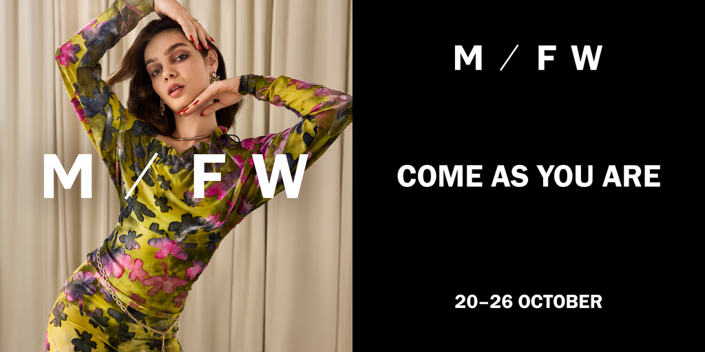 Model wearing a colorful floral outfit with 'MFW' branding and event details.