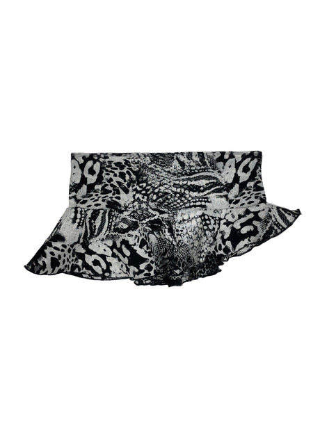 Black and white abstract animal patterned stretch ruffle skirt on a white background