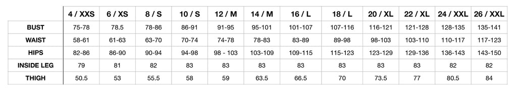 Measurement chart for women's clothing, in cm. Size 4/XXS Bust 75-78, waist 58-61, hips 82-86, inside leg 79, thigh 50.5. Size 6/XS bust 78.5, waist 61-63, hips 86-90, inside leg 81, thigh 53. Size 8/S bust 78-86, waist 63-70, hips 90-94, inside leg 82, thigh 55.5. Size 10/S bust 86-91, waist 70-74, hips 94-98, inside leg 83, thigh 58. Size 12/M bust 91-95, waist 74-78, hips 98-103, inside leg 83, thigh 59. Size 14/M bust 95-101, waist 78-83, hips 103-109, inside leg 83, thigh 63.5. Size 16/L bust 101-107