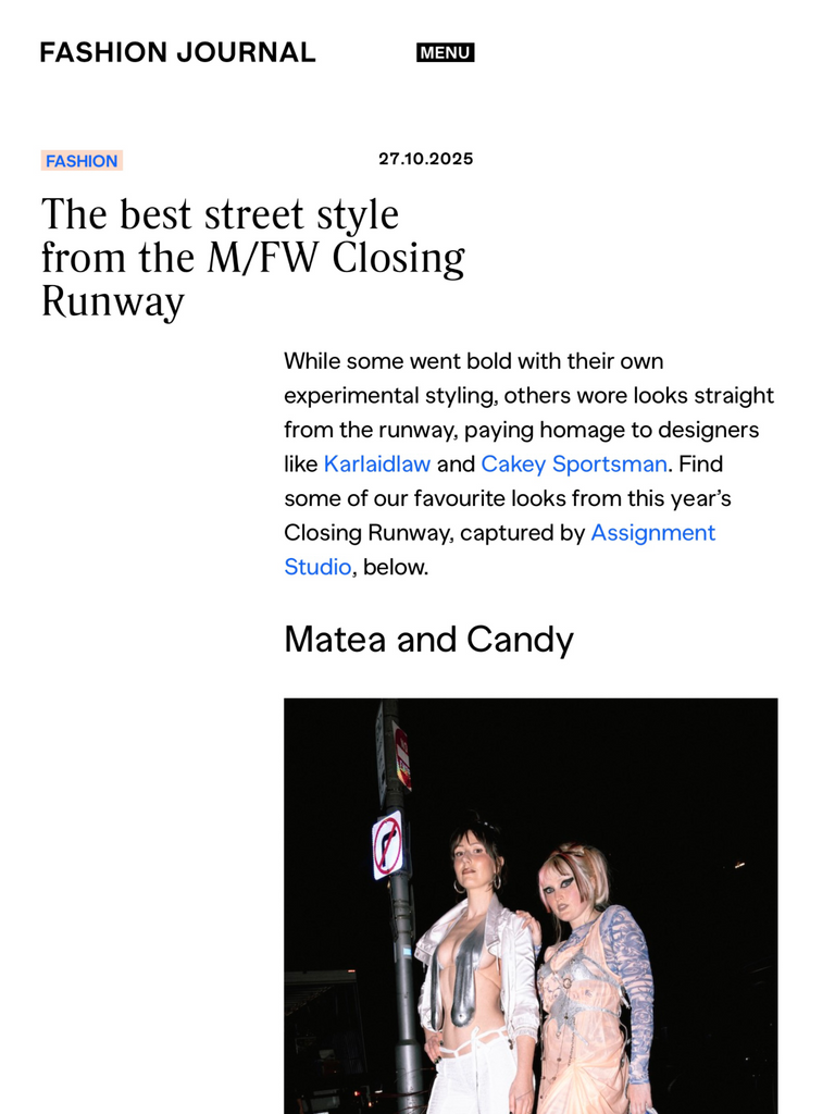 Fashion journal article about street style from M/FW Closing Runway with two models on a black background.