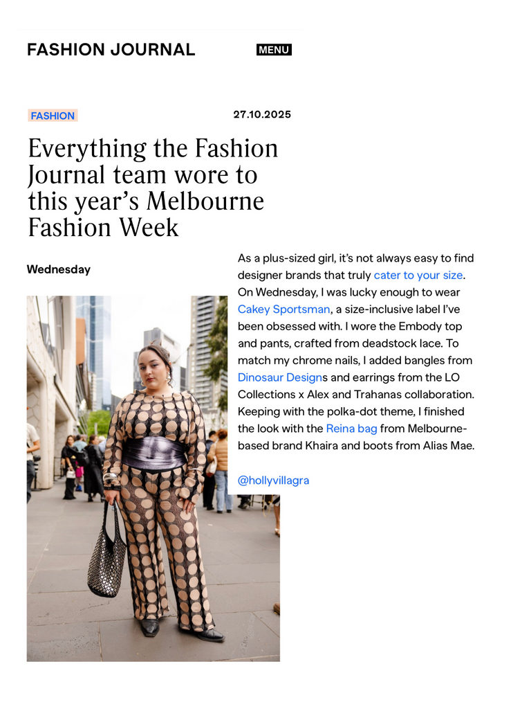 Fashion Journal article about Melbourne Fashion Week featuring a plus-sized model in a patterned outfit.