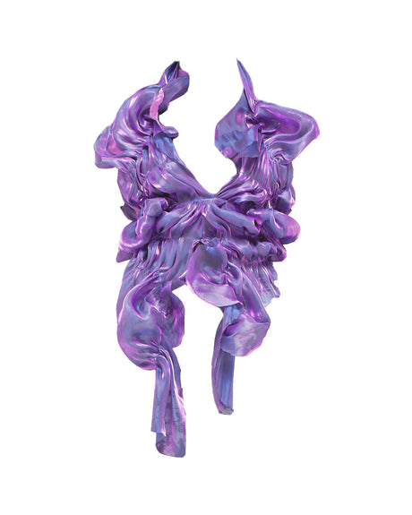 A highly textured, abstract ruffled garment in a metallic purple and lavender sheen, displayed against a solid white background.