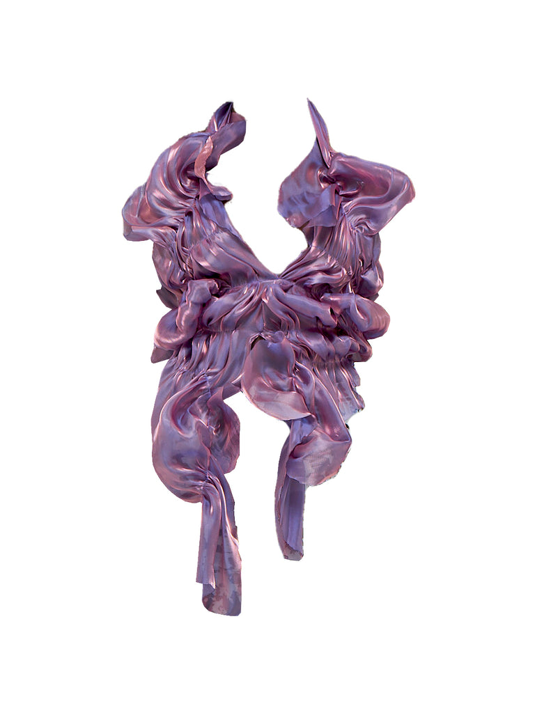 Purple sculptural halter neck top on a white background