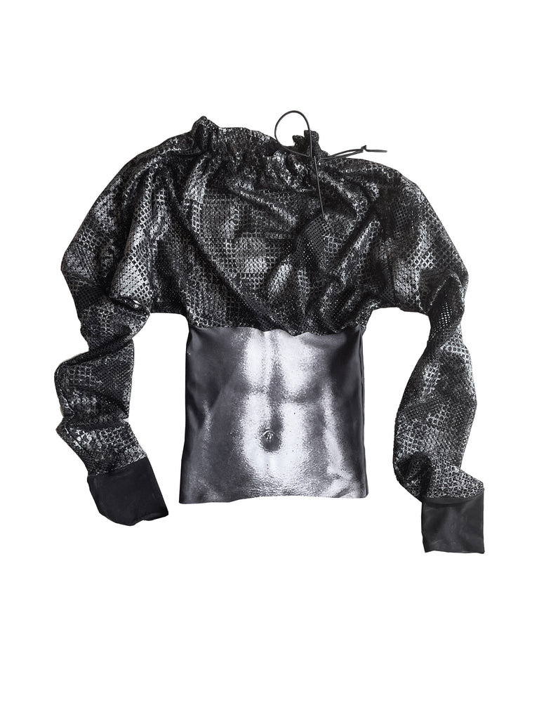 Metallic silver long-sleeve top with sheer mesh top section and print of body stomach abs, on a white background