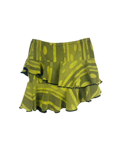 Green yellow and black geometric  patterned ruffled tier stretch skirt on a white background