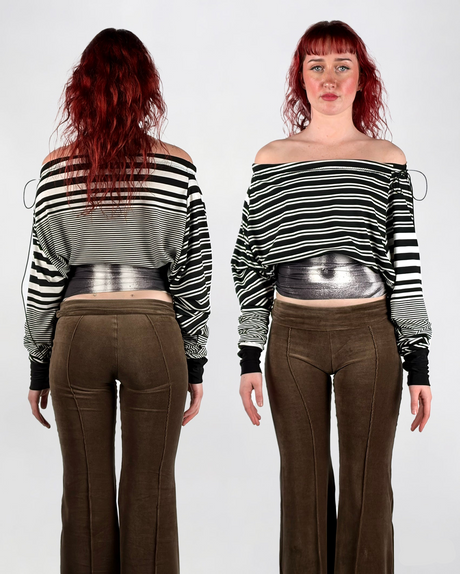 Person wearing a black and white striped top and brown pants, shown from front and back.