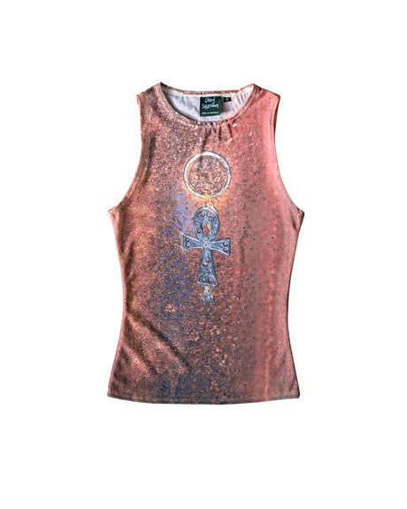 Sleeveless reddish brown orange top with decorative ankh design on a white background