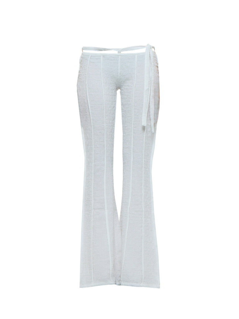 White flared pants with attached and suspended white fabric belt on a white background