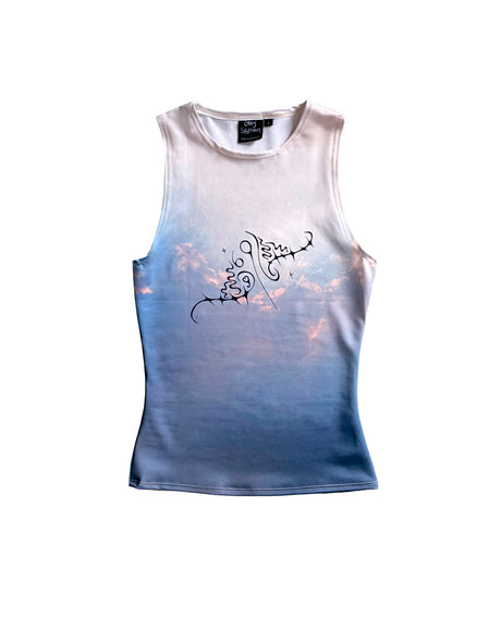 White tank top with a gradient sky and clouds design on a white background